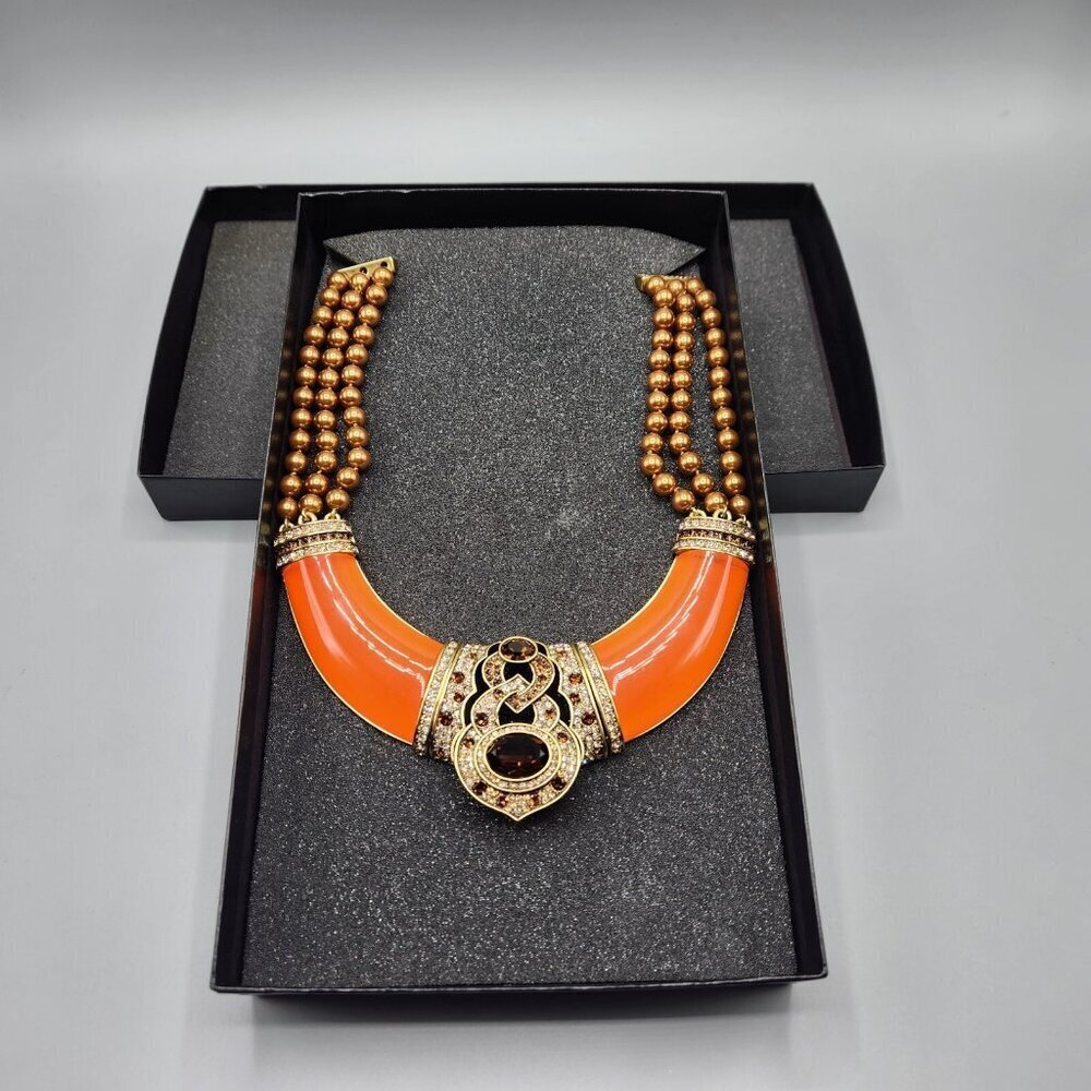 Heidi Daus Signature Accent Orange Faux Pearl Topaz Crystal Resin Bib Necklace